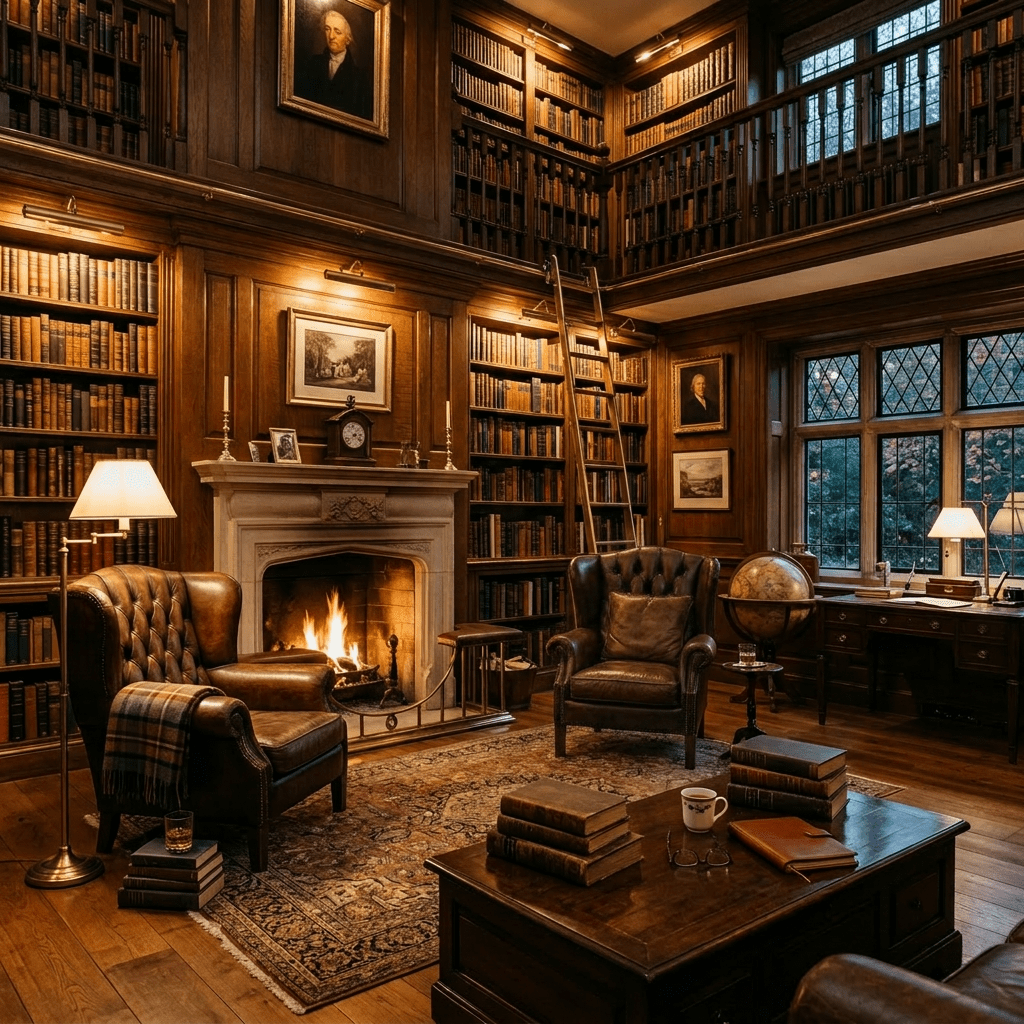 Elderly man reading book in a wood-paneled library by a fireplace with a dog lying on the rug.